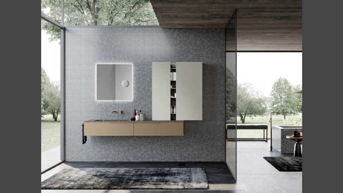 Mobile da Bagno sospeso M1 System 121 in laccato metallizzato e melaminico pelle per i pensili di Baxar