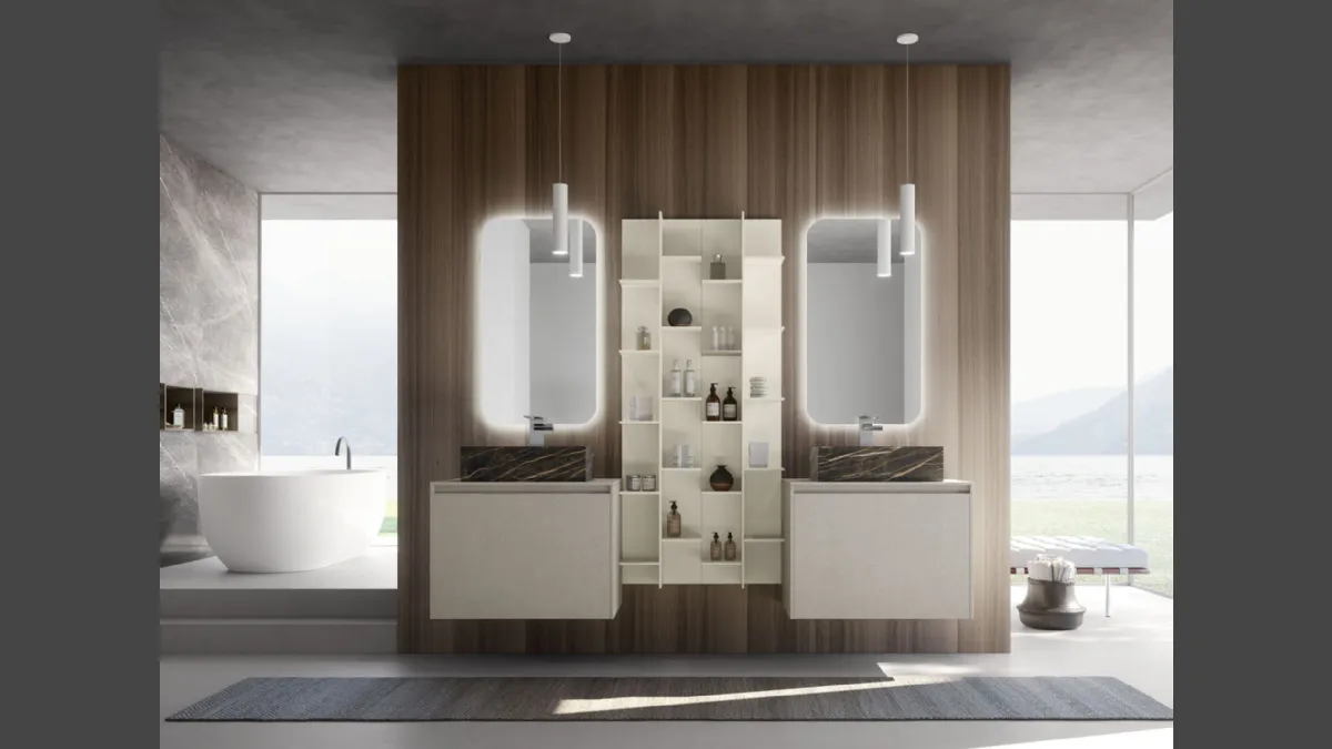 Mobile da Bagno sospeso M2 System 225 in laccato opaco Platino con lavabo in gres effetto marmo di Baxar