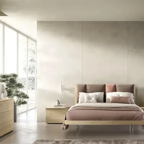 Letto Take I13 in rovere miele con testiera in tessuto imbottito di Moretti Compact Giorno Notte