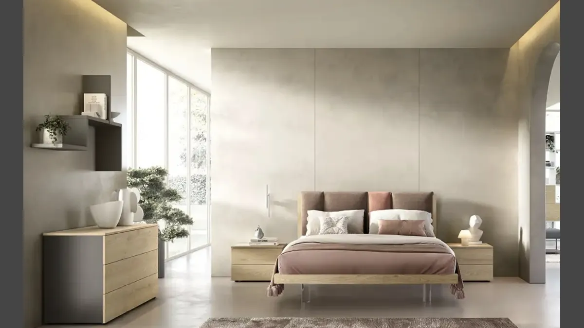 Letto Take I13 in rovere miele con testiera in tessuto imbottito di Moretti Compact Giorno Notte