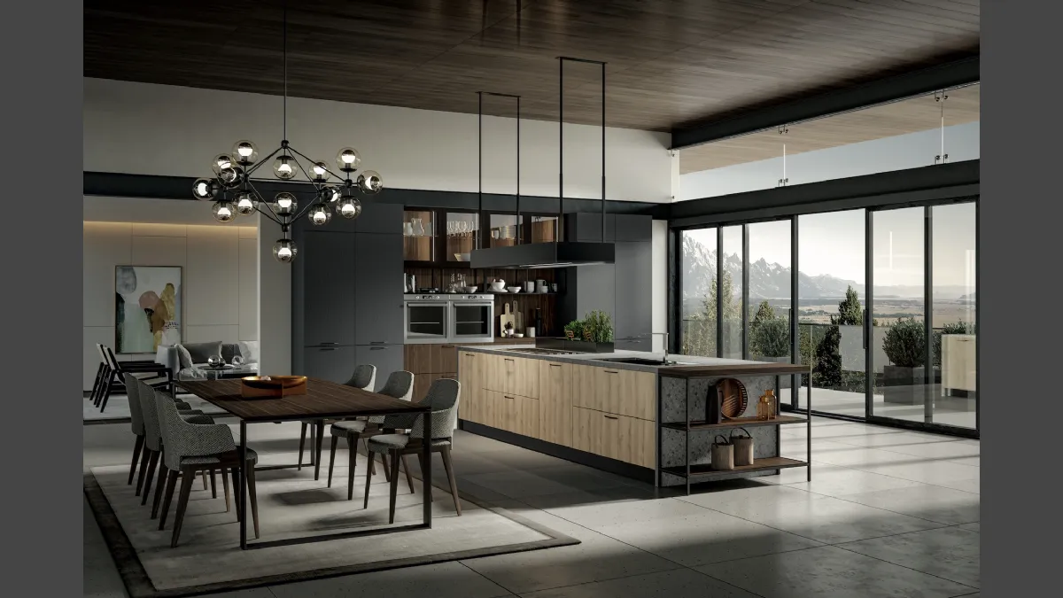 Cucina Moderna con isola Genesi 17 in melaminico finitura Lava, Nordico e Bruno di Home Cucine