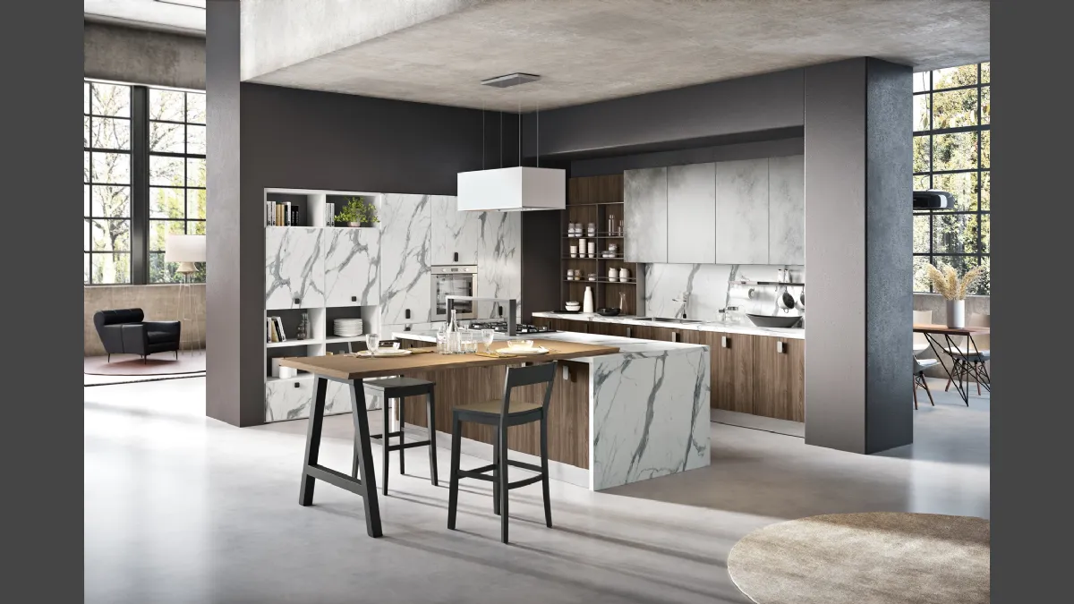 Cucina Moderna con isola Miami 42 in legno e melaminico effetto marmo di Spar